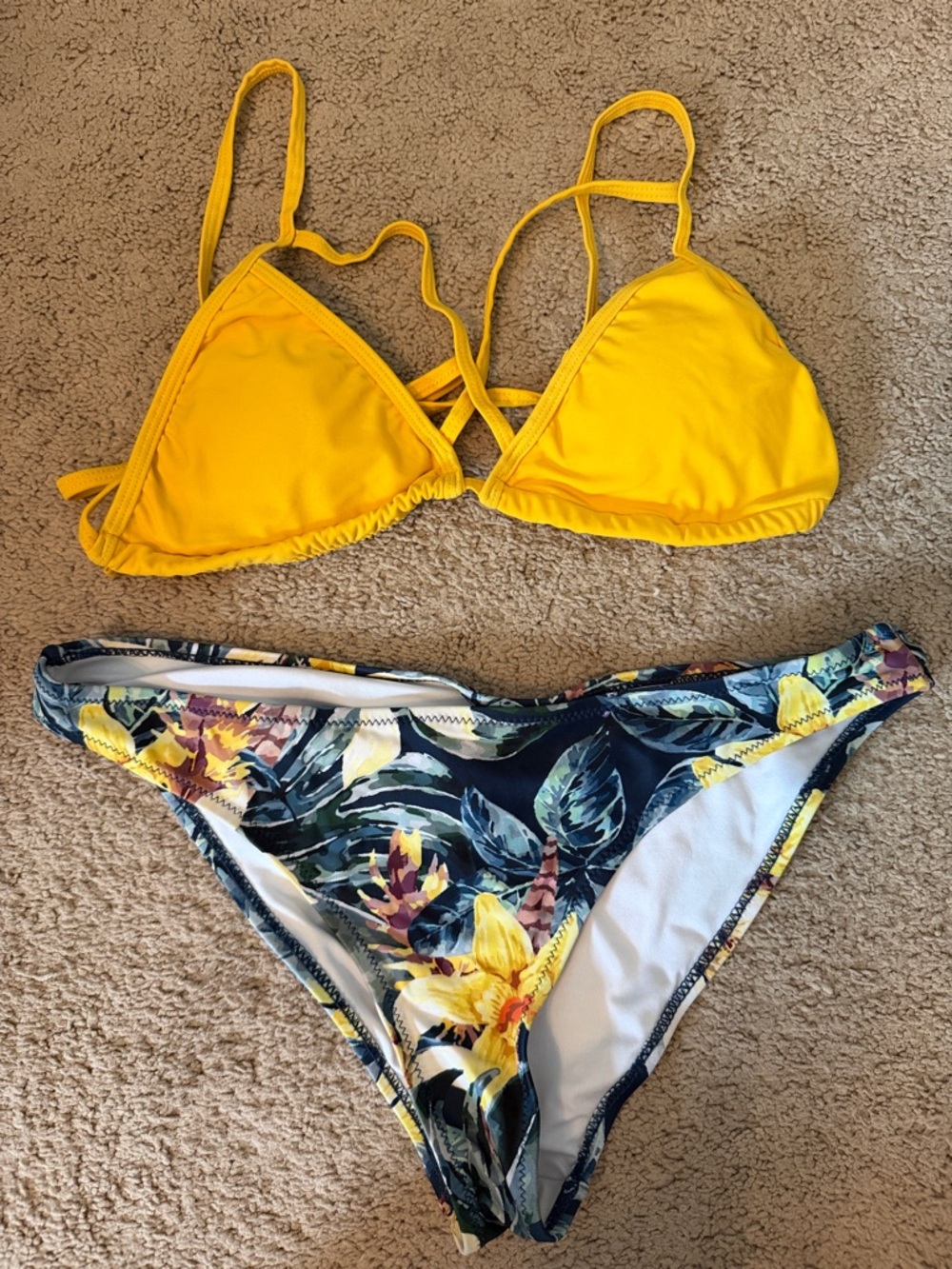 Cupshe Yellow Triangle Bikini Top with Navy Floral Bottoms